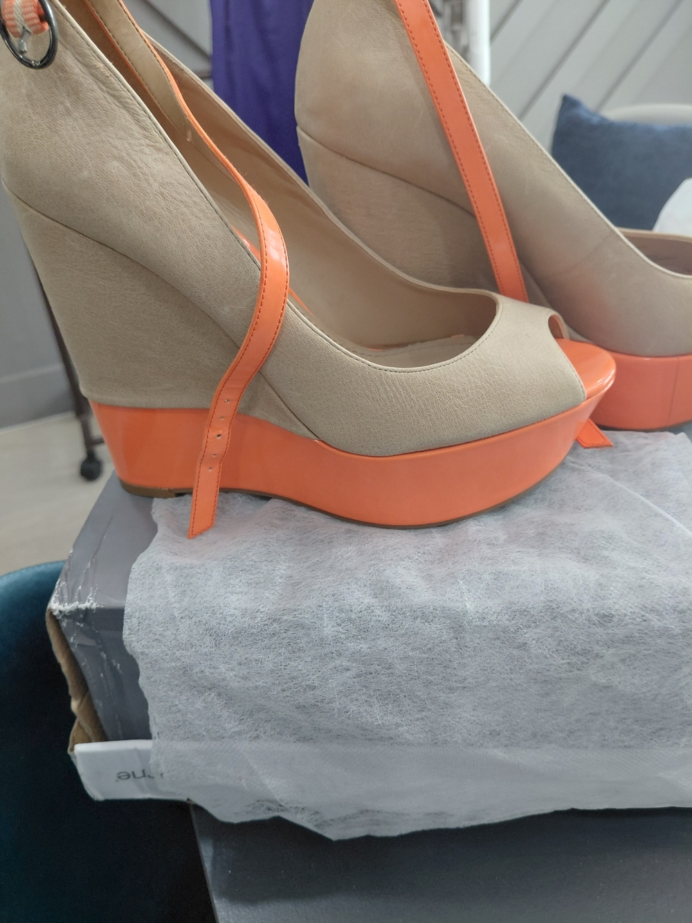 Jessica Simpson Vintage Beige and Orange Peep Toe Platform Wedges